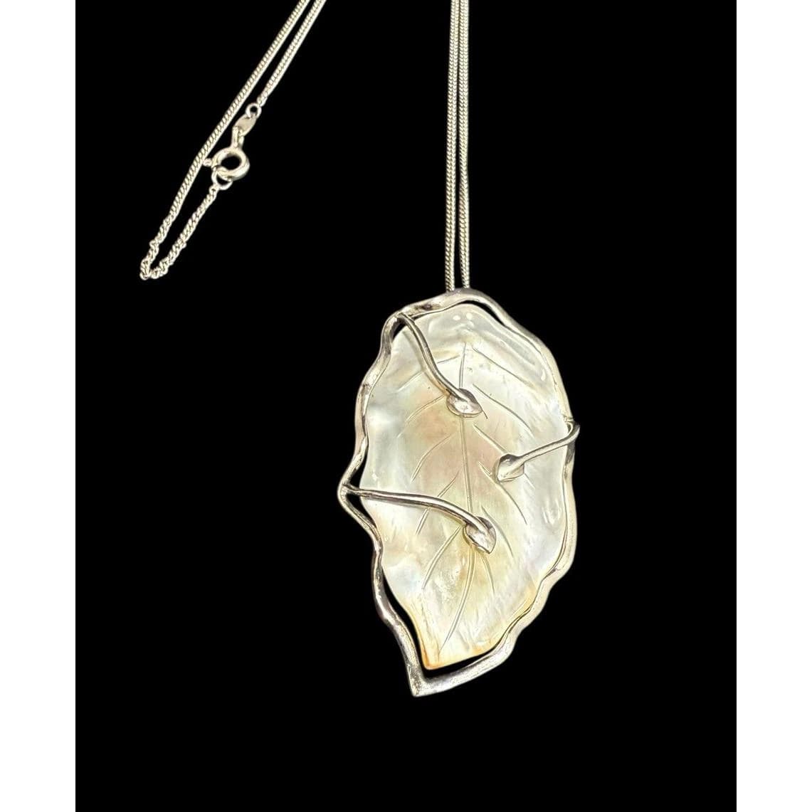 Signed 925 SLC Mother Of Pearl Carved Mother Of Pearl Leaf Pendant 16” Chain - image 5