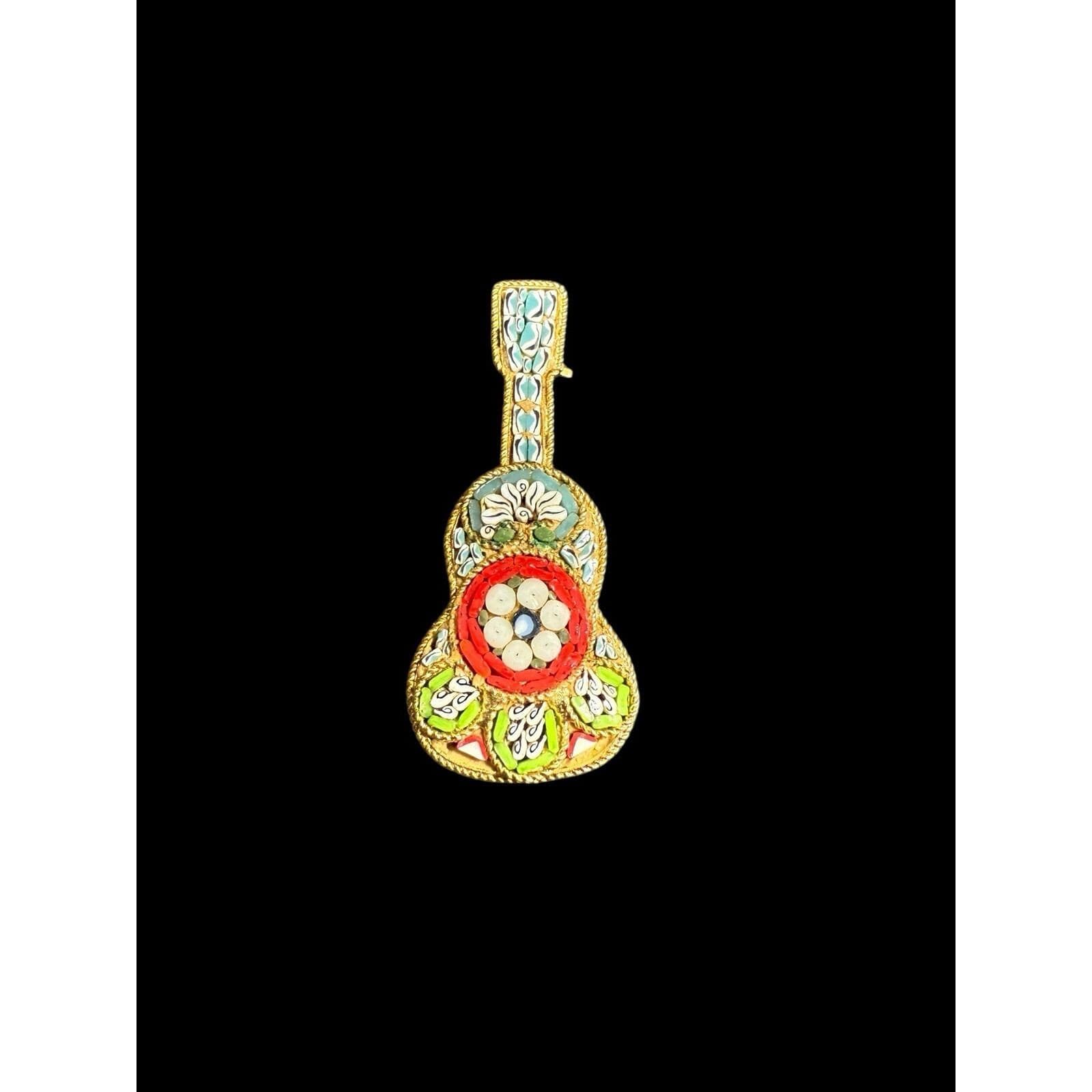 Vintage Italian Micro Mosaic Floral Guitar Brooch Pin Gold Tone Miniature - image 4