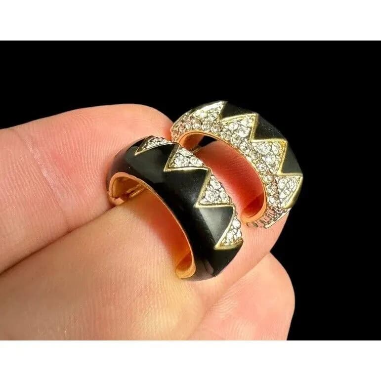 Vintage Signed Daniel Swarovski Hoop Earrings Clear Crystal Black Enamel