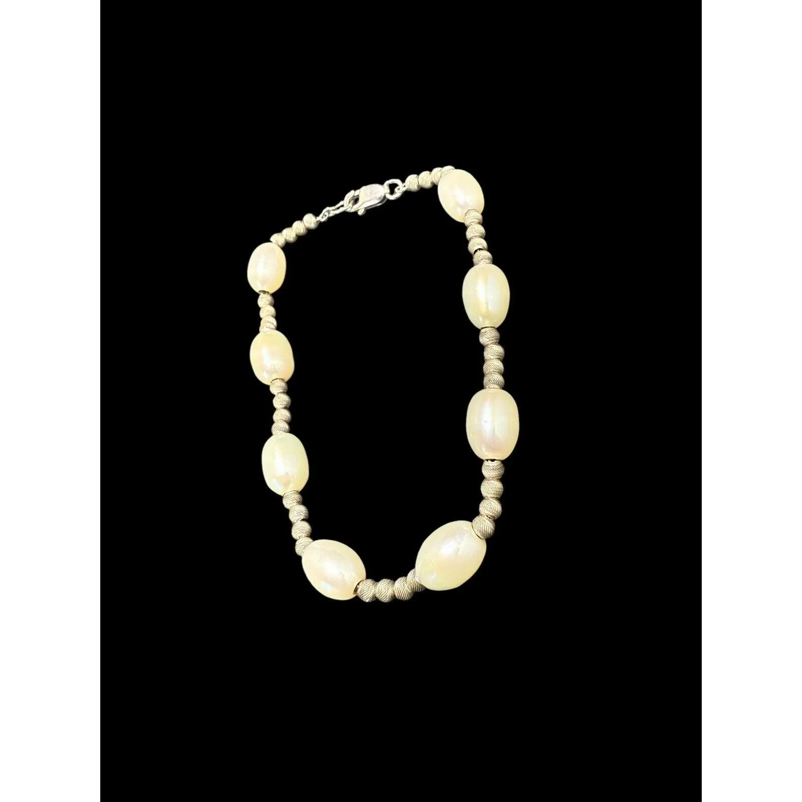 Vintage 925 Silver Textured Round Beads Oval Cultured Pearl Bracelet 7.25” - image 5