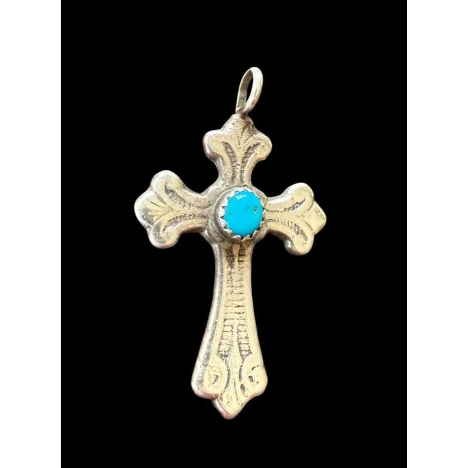 Navajo Handmade Etched Cross Sterling Silver Round Turquoise