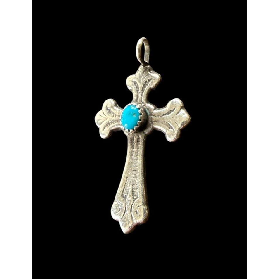 Navajo Handmade Etched Cross Sterling Silver Round Turquoise - image 3