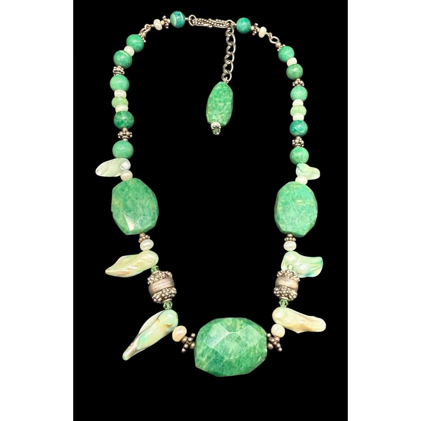Vintage Sterling Silver Green Baroque Cultured Pearl Chrysoprase Necklace 22”