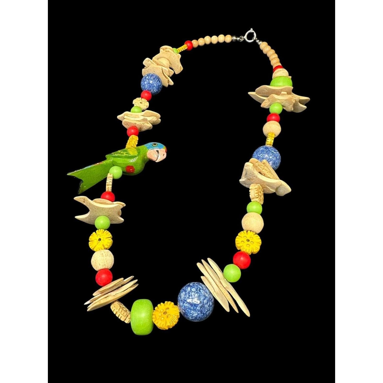 Signed PN Tropical Wood Beads Painted Parrot Necklace 27 inches Designer - image 4