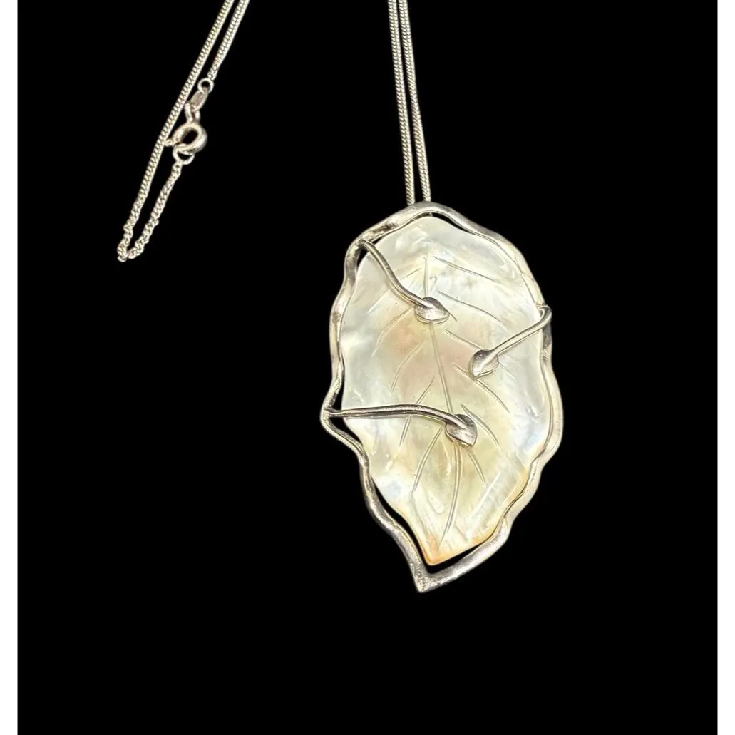 Signed 925 SLC Mother Of Pearl Carved Mother Of Pearl Leaf Pendant 16” Chain - image 3