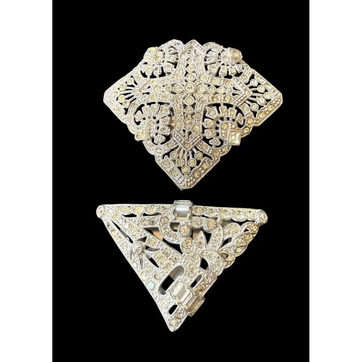 Two Antique Vintage ART DECO Dress Clips Silver Tone Clear Rhinestone PAIR - image 3