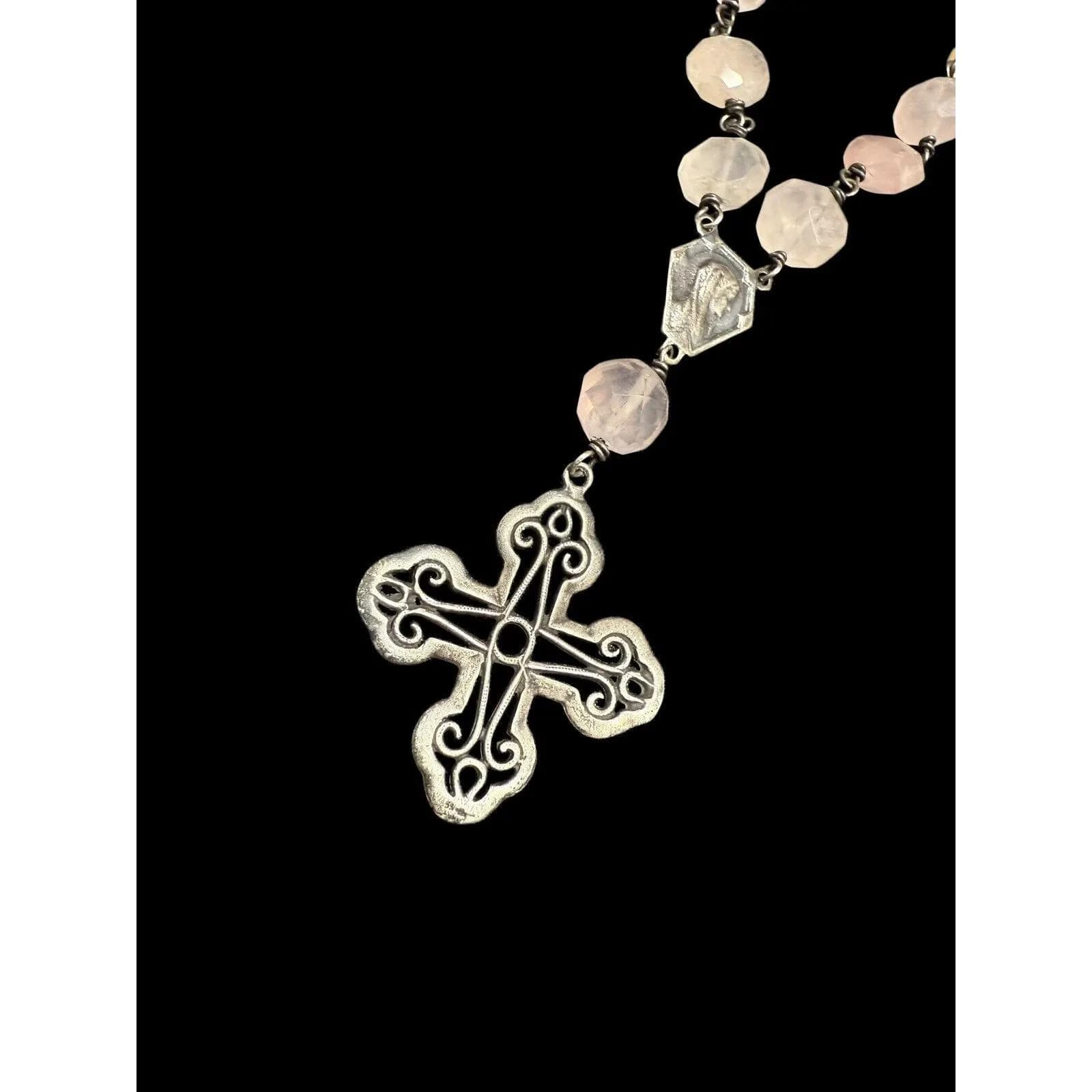 Vintage Sterling Silver Cross Necklace Rose Quartz Beads Mary Medal - image 4
