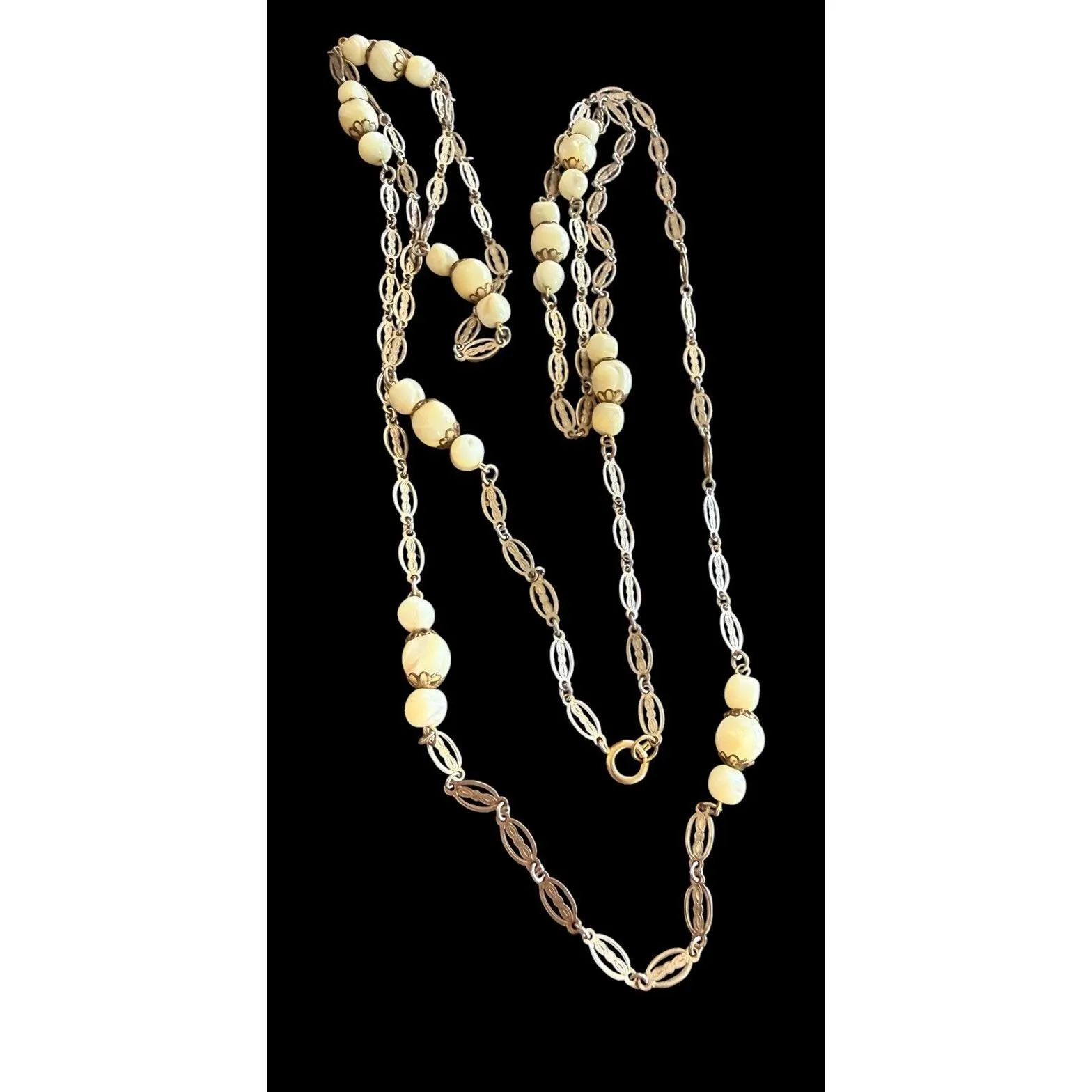 Art Deco Gold Tone Filigree Link Mother of Pearl Station Flapper Necklace Long - image 3