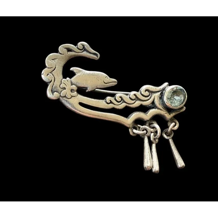 Vintage Sterling Silver Dolphin in Wave Swimming Brooch Pin Blue Topaz Accent - image 3