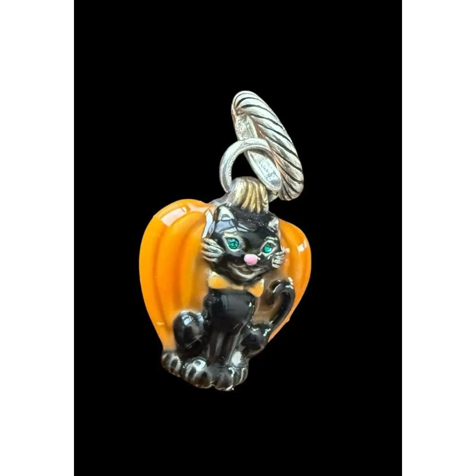 Brighton Halloween Black Cat Pumpkin Enamel Silver Tone Rhinestone Charm Pendant - image 4