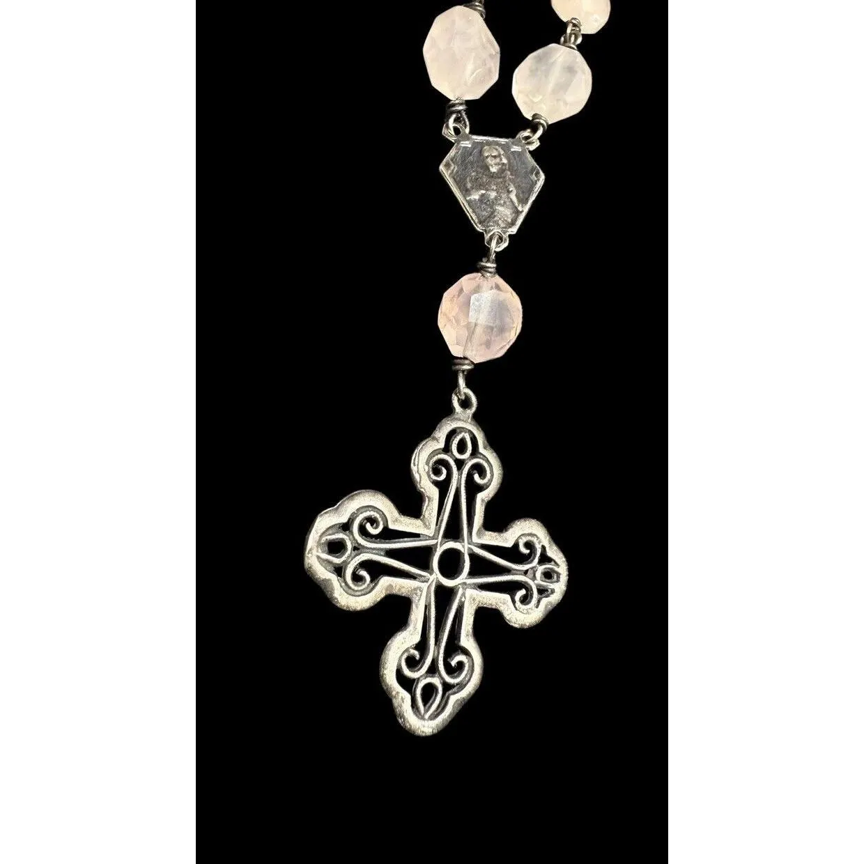 Vintage Sterling Silver Cross Necklace Rose Quartz Beads Mary Medal - image 5