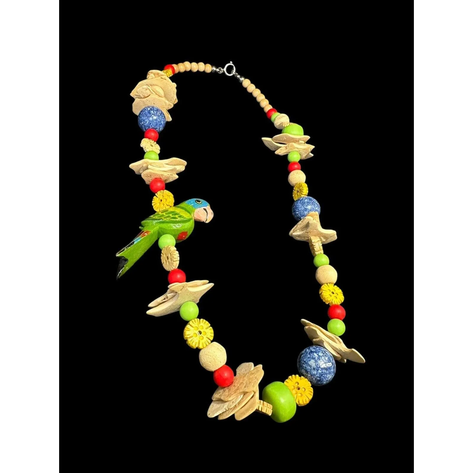 Signed PN Tropical Wood Beads Painted Parrot Necklace 27 inches Designer - image 3