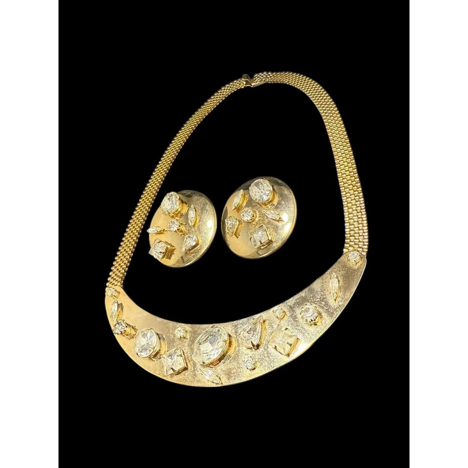 Vintage Jewelry Set Yellow Gold Plated Clip On Earrings Necklace Rhinestones - image 4