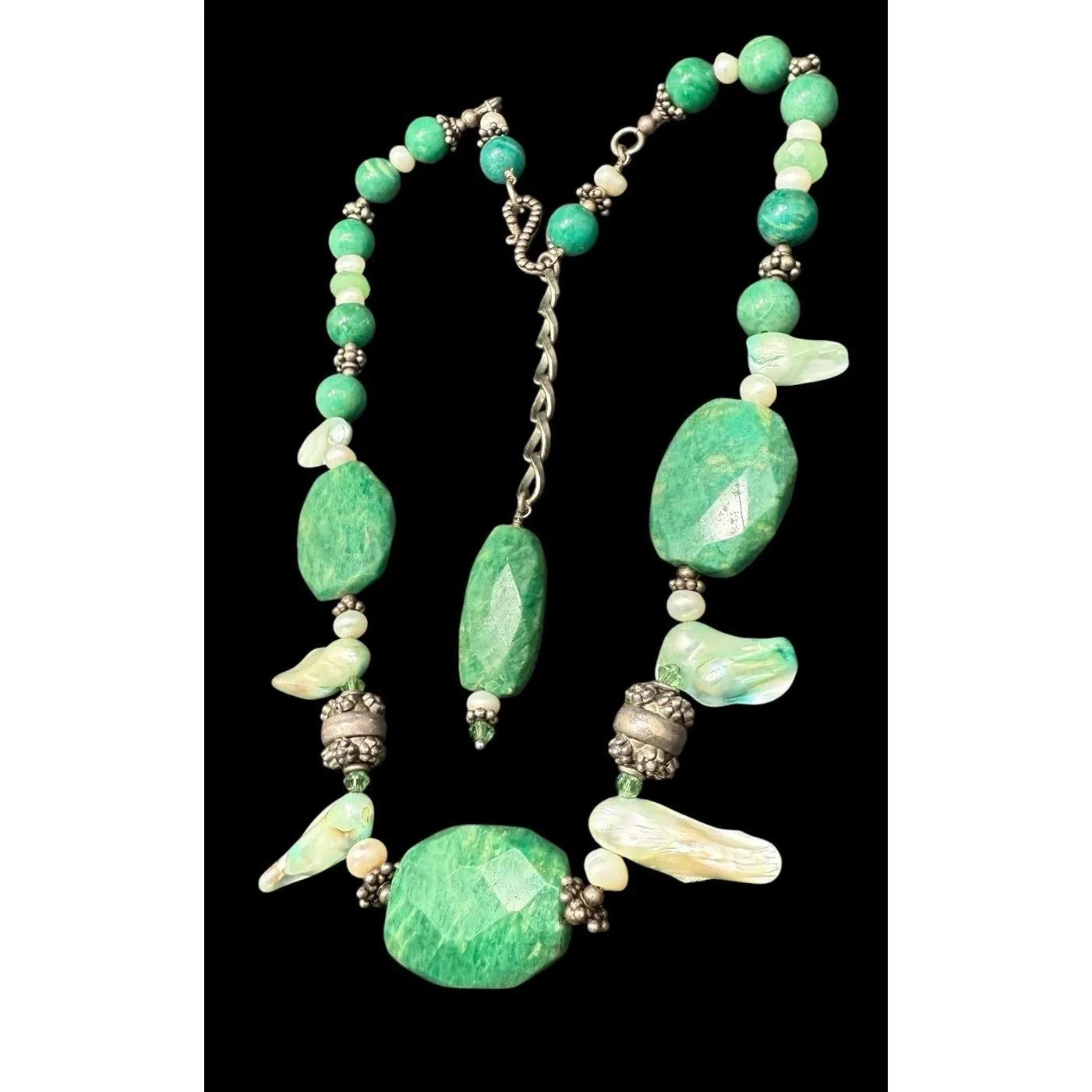 Vintage Sterling Silver Green Baroque Cultured Pearl Chrysoprase Necklace 22” - image 5