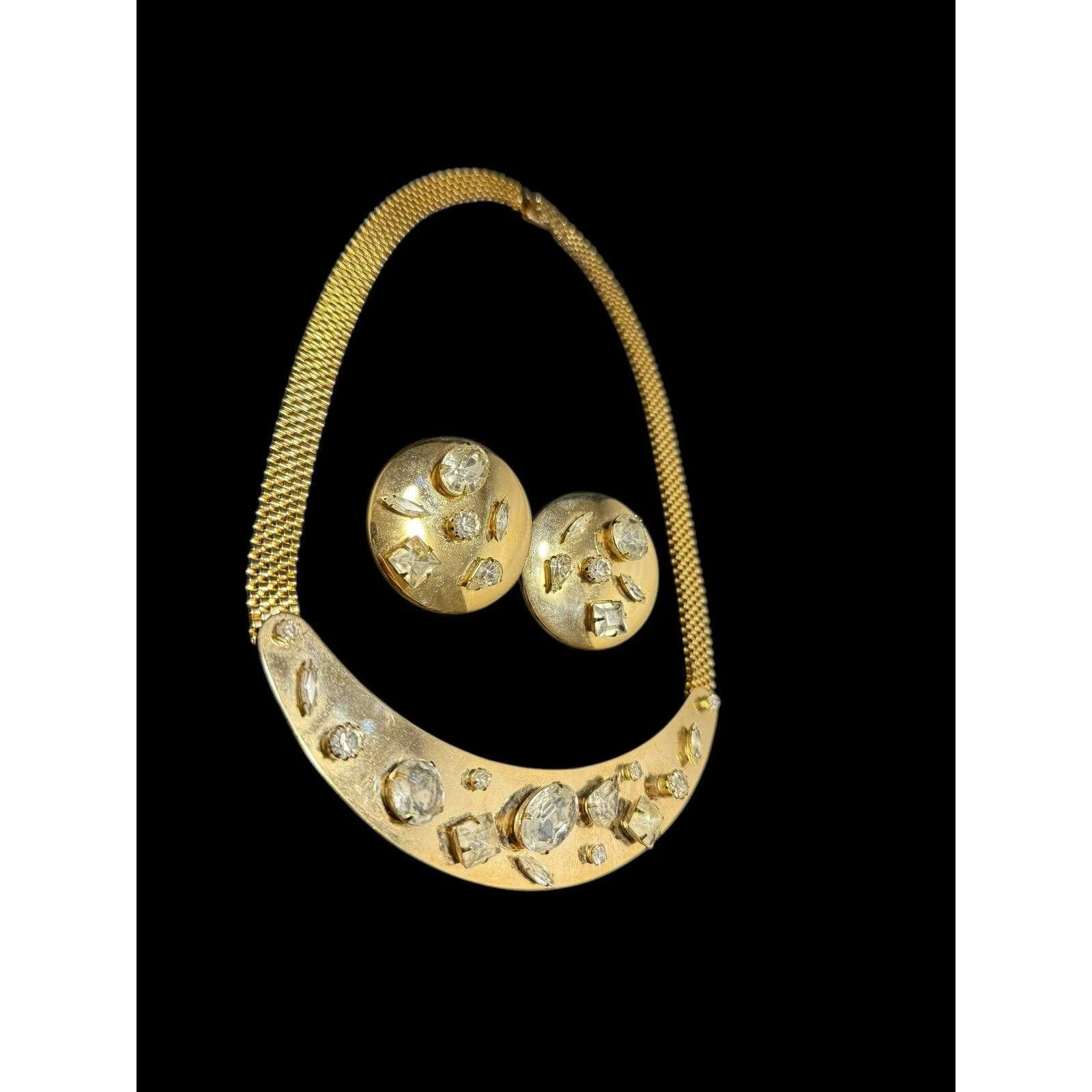 Vintage Jewelry Set Yellow Gold Plated Clip On Earrings Necklace Rhinestones