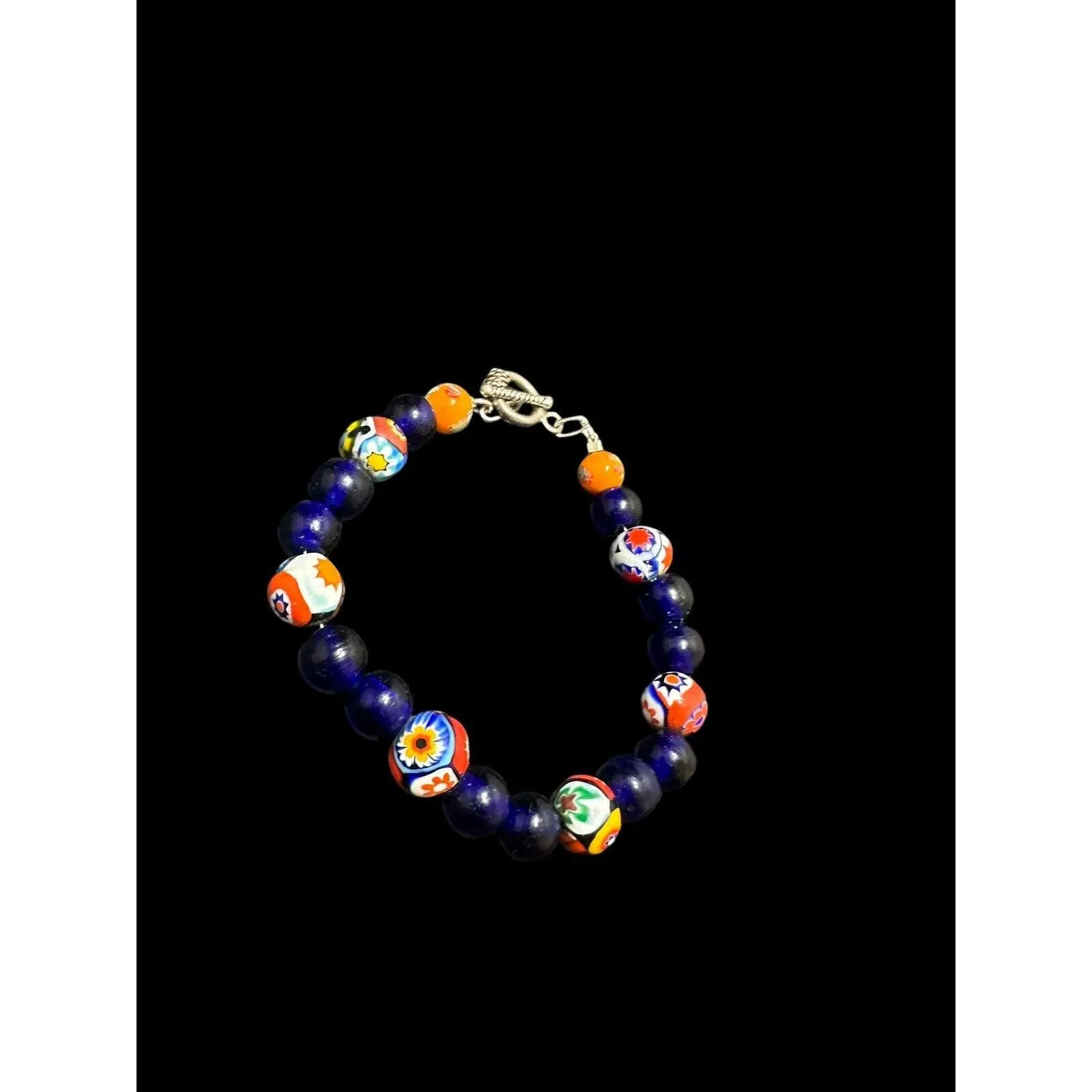 Vintage Blue Glass Floral Millefiori Toggle Bracelet Round Glass Beaded 8 in - image 5