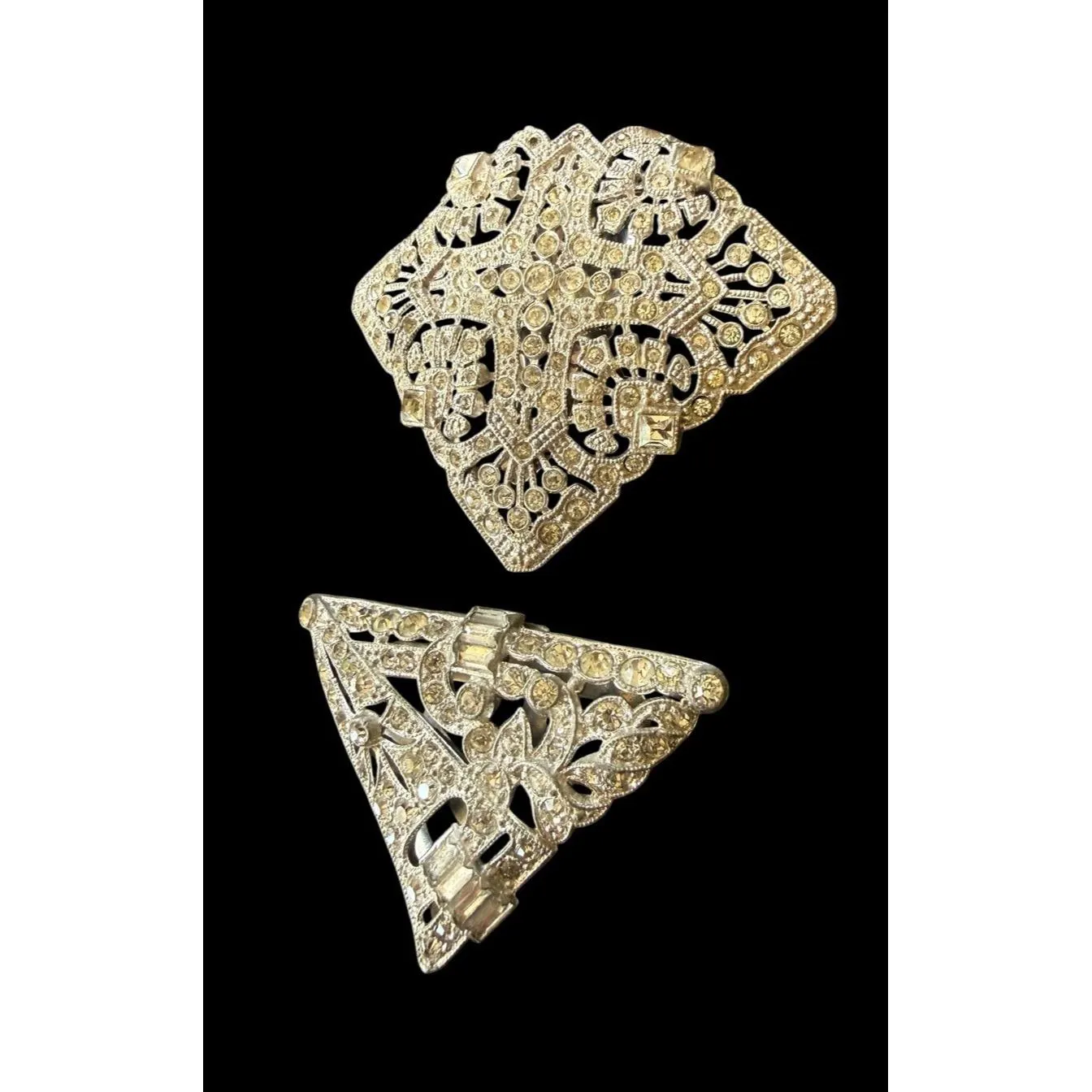 Two Antique Vintage ART DECO Dress Clips Silver Tone Clear Rhinestone PAIR - image 5
