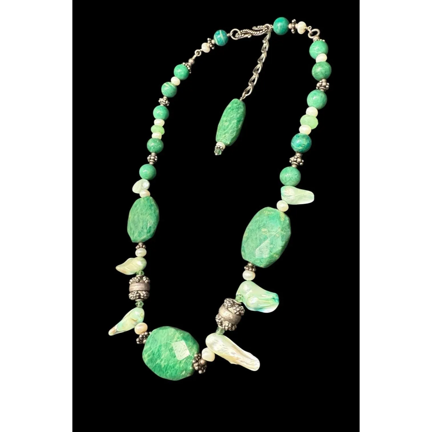 Vintage Sterling Silver Green Baroque Cultured Pearl Chrysoprase Necklace 22” - image 4