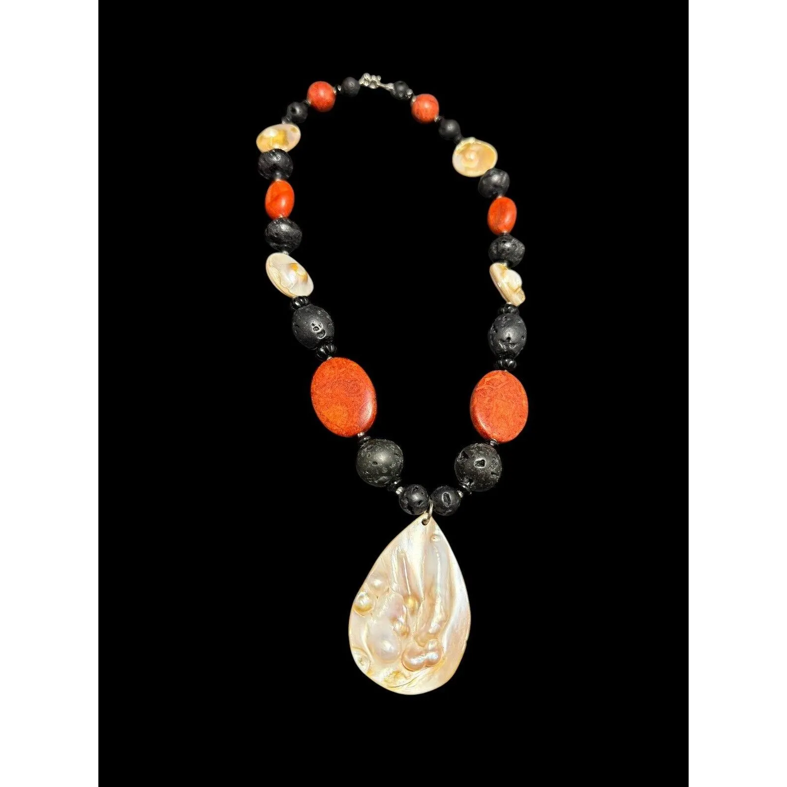 Vintage 925 Silver Blister Pearl Red Jasper Black Lava Rock Beaded Necklace