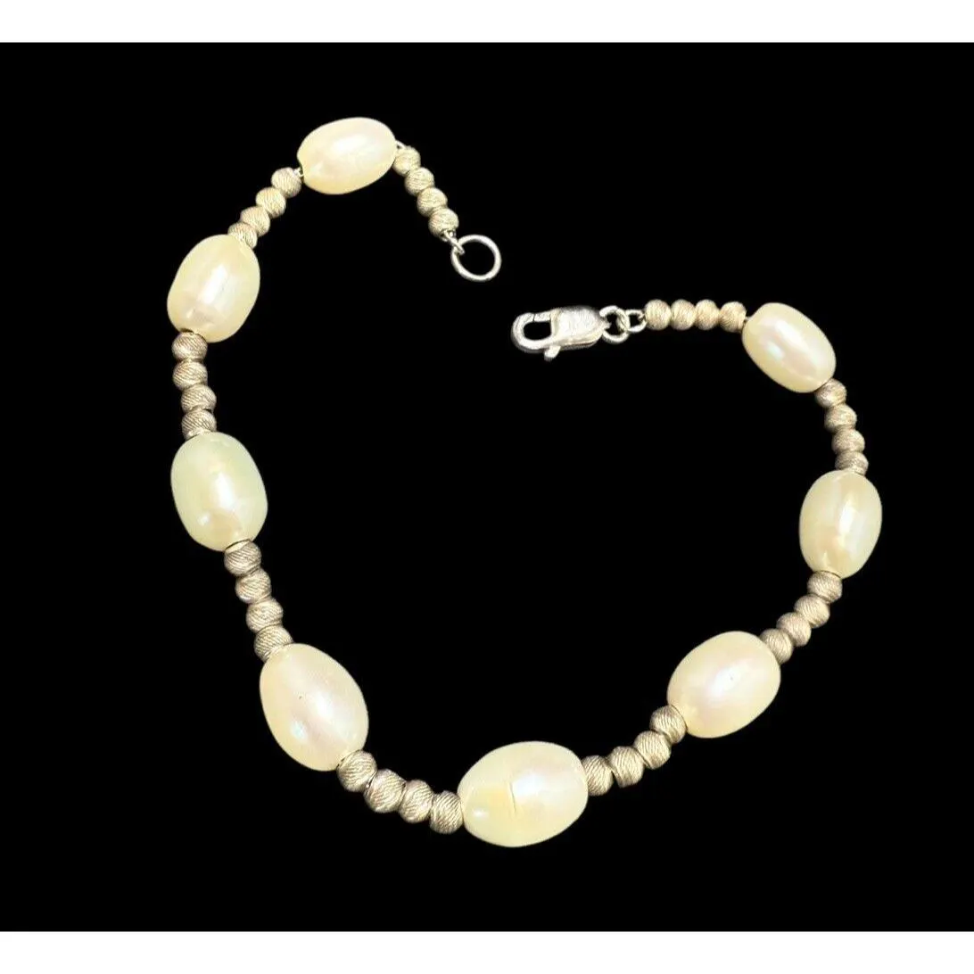 Vintage 925 Silver Textured Round Beads Oval Cultured Pearl Bracelet 7.25” - image 4