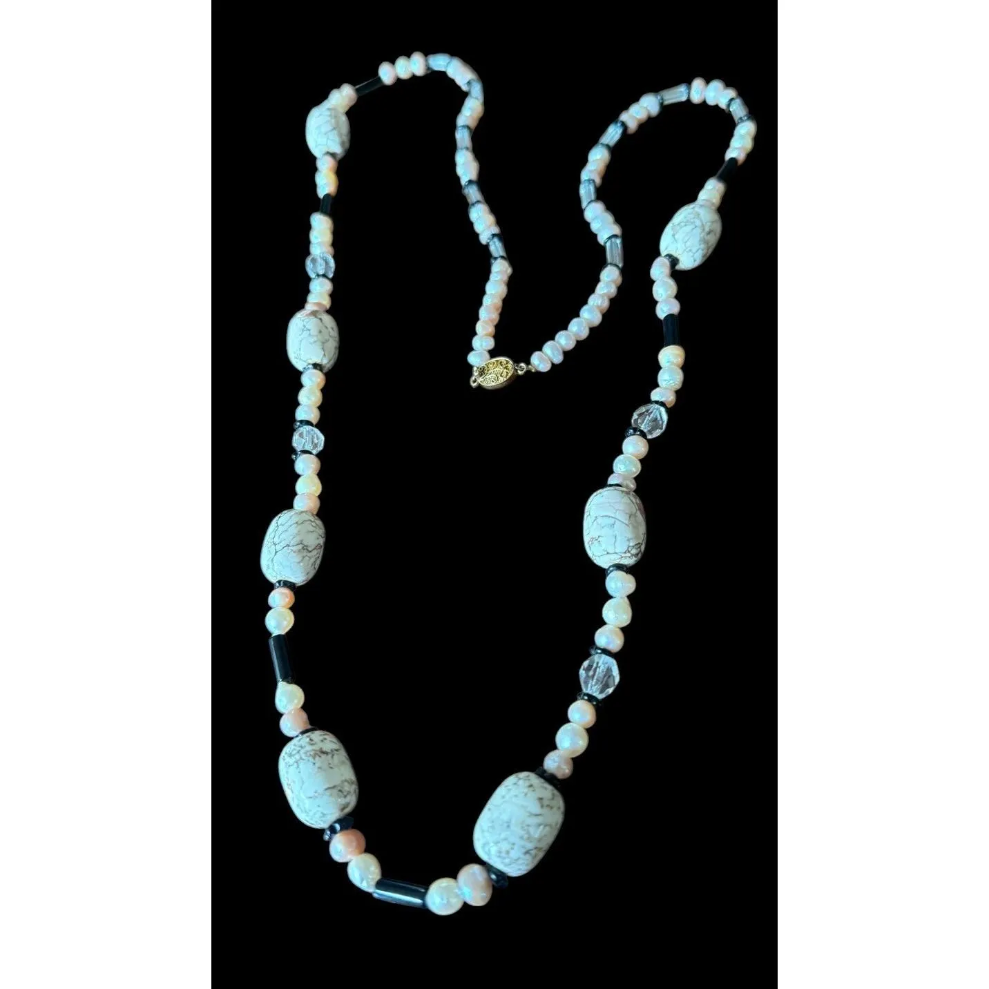 Vintage White Howlite Turquoise Cultured Pearl Crystal Onyx Beaded 925 Clasp