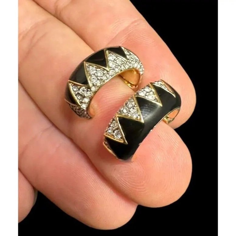 Vintage Signed Daniel Swarovski Hoop Earrings Clear Crystal Black Enamel - image 3