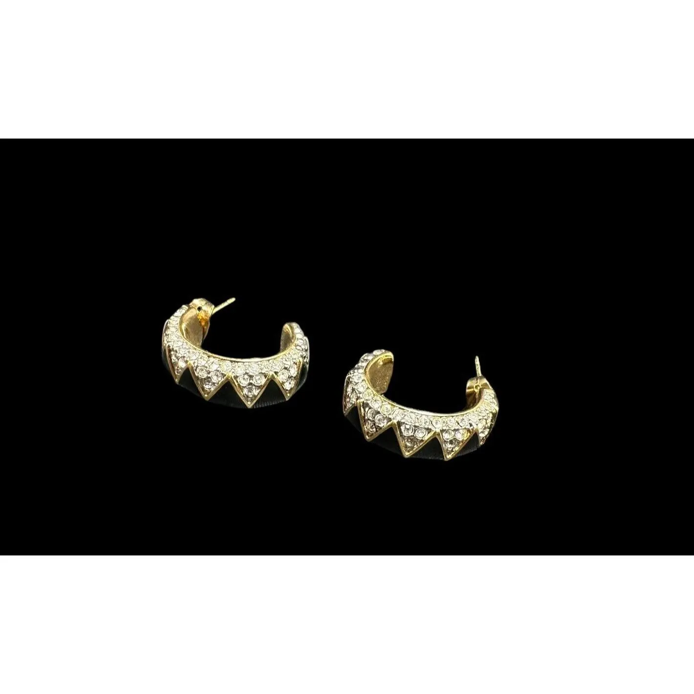 Vintage Signed Daniel Swarovski Hoop Earrings Clear Crystal Black Enamel - image 5