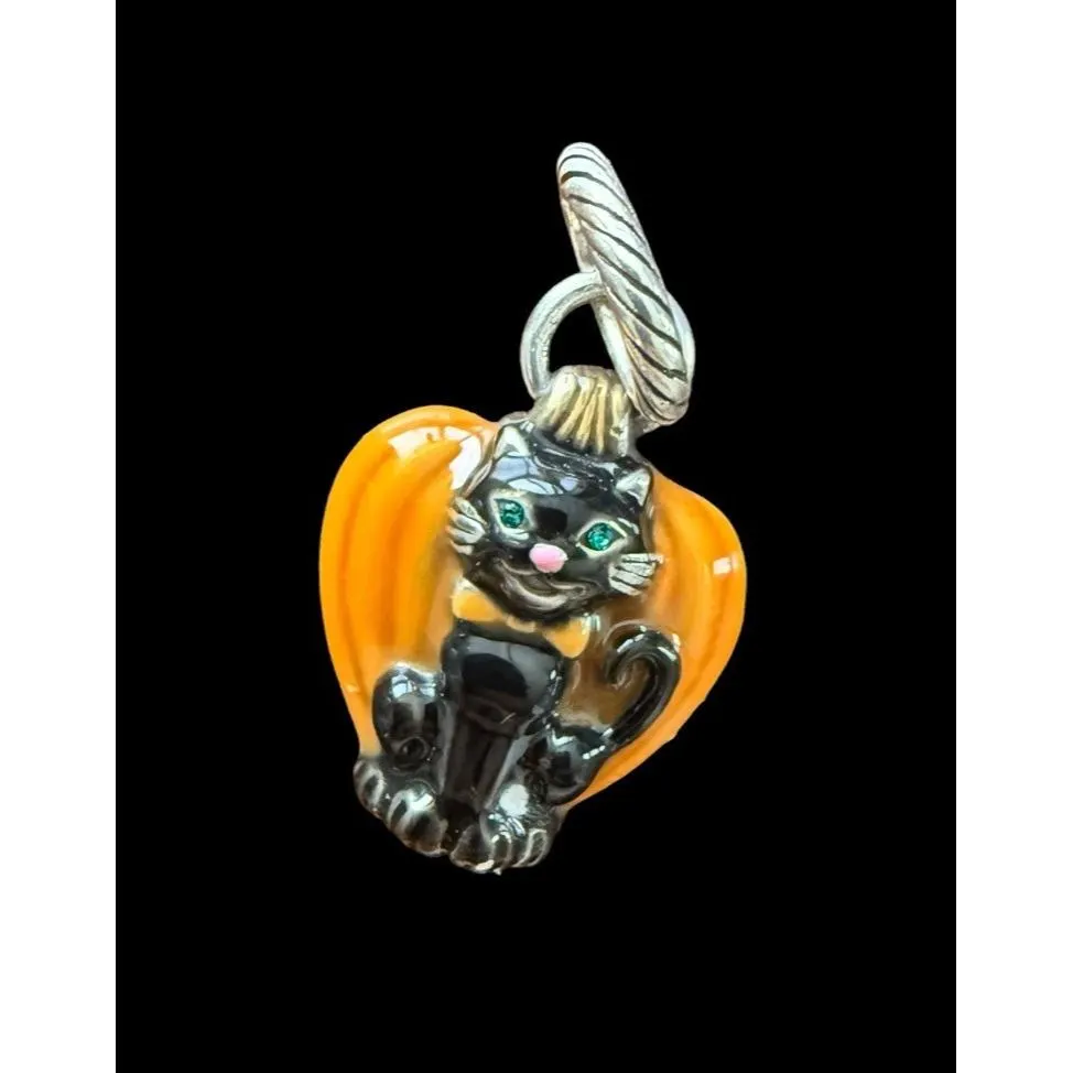 Brighton Halloween Black Cat Pumpkin Enamel Silver Tone Rhinestone Charm Pendant