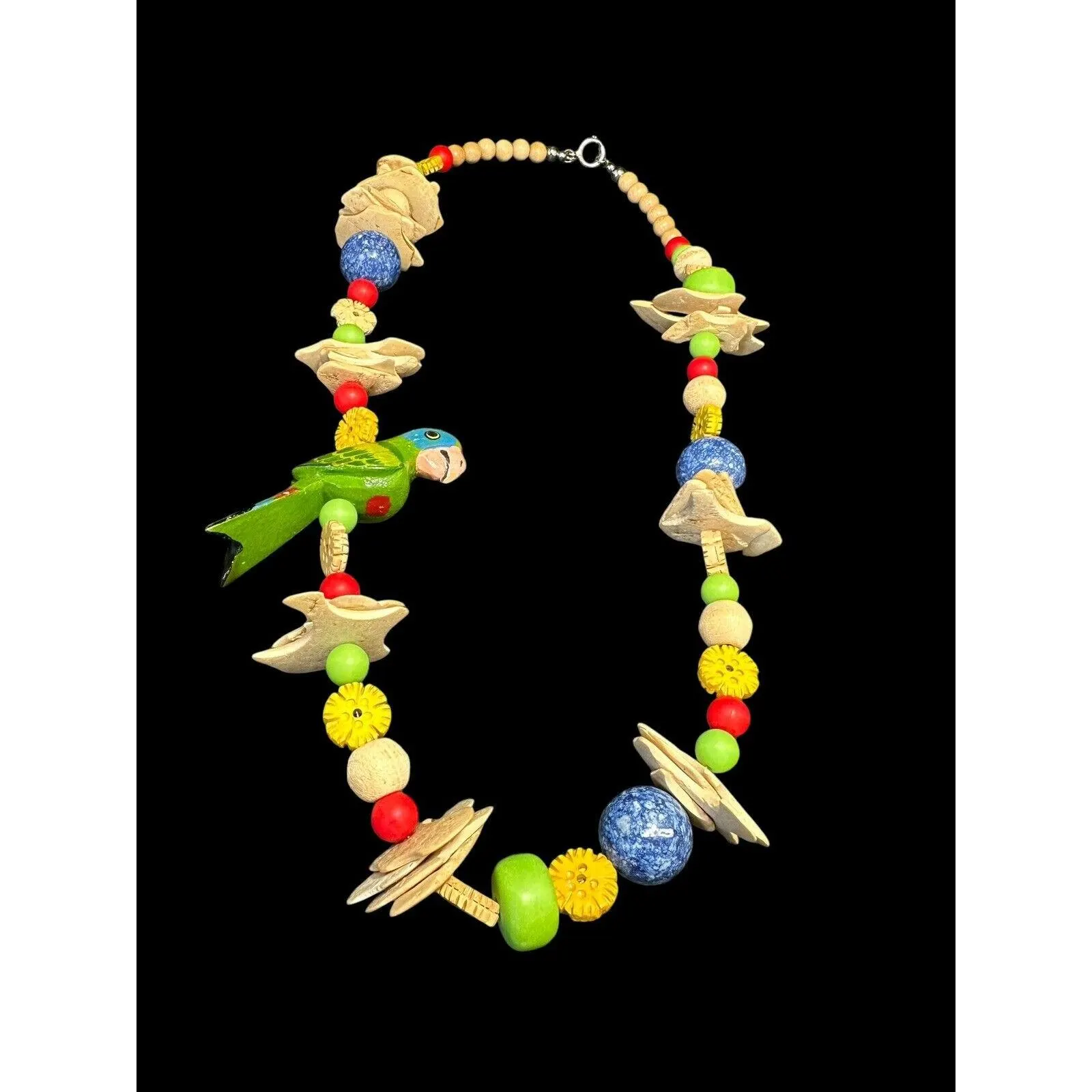 Signed PN Tropical Wood Beads Painted Parrot Necklace 27 inches Designer