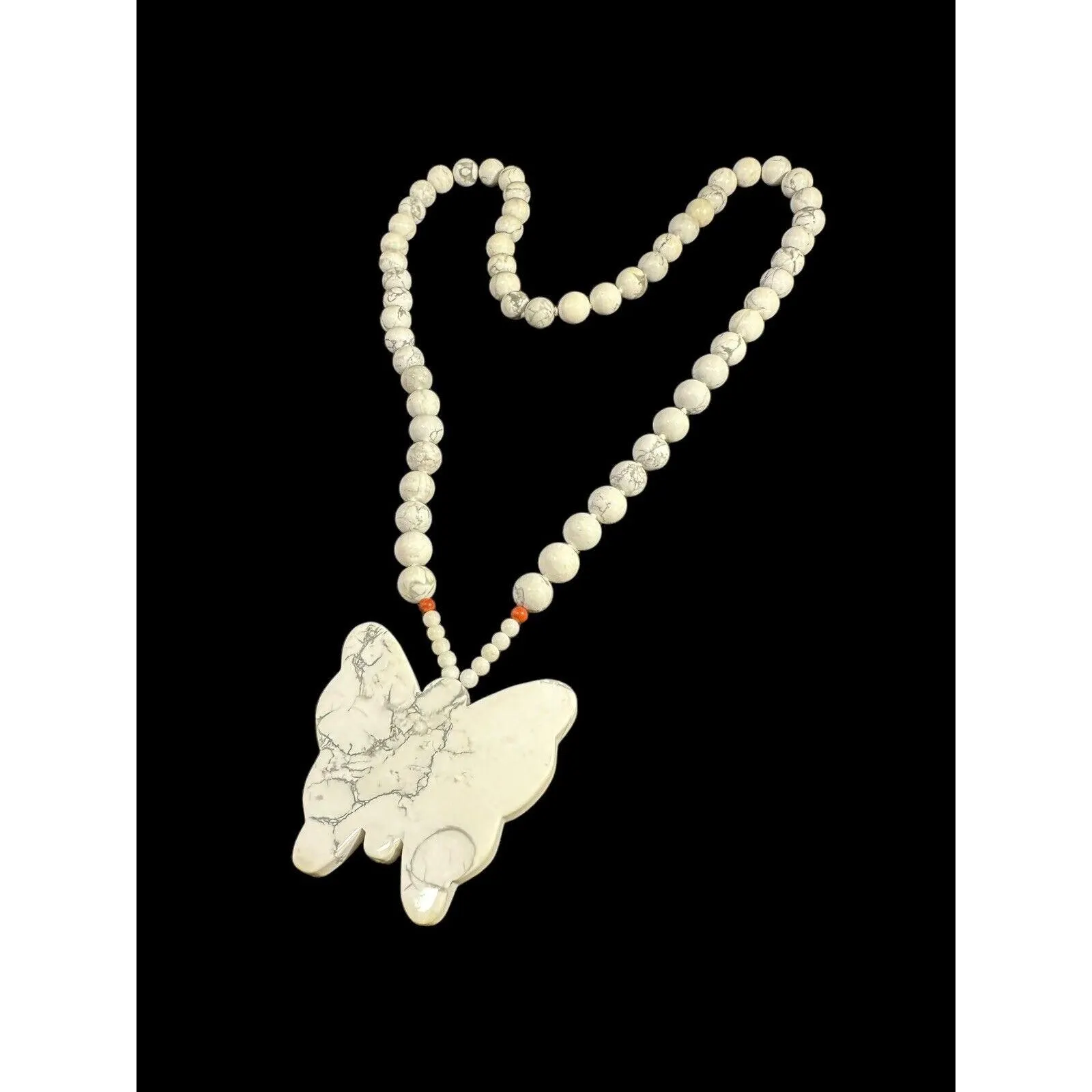 Vintage Hand Knotted White Turquoise Necklace Round Beaded Butterfly Pendant