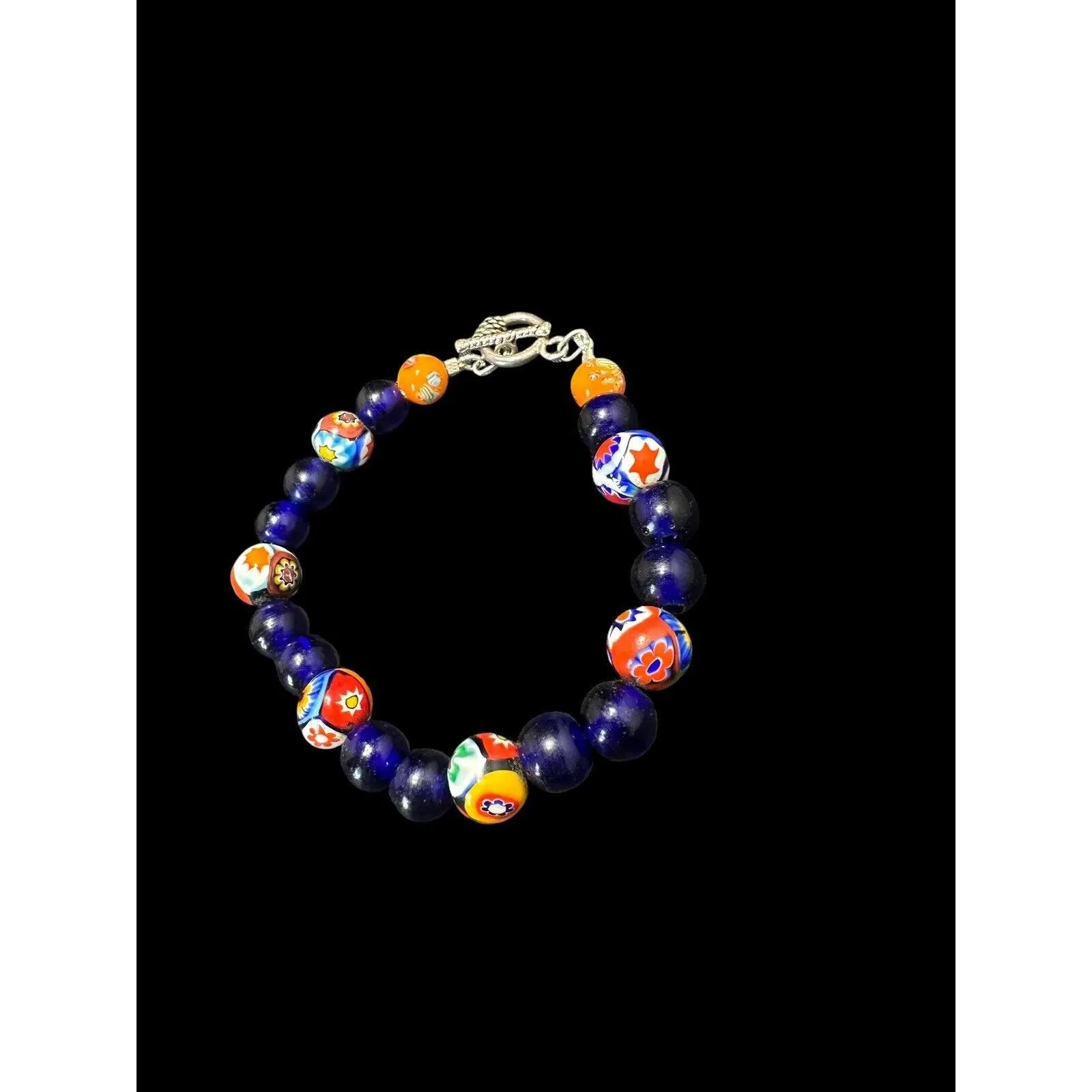 Vintage Blue Glass Floral Millefiori Toggle Bracelet Round Glass Beaded 8 in - image 4
