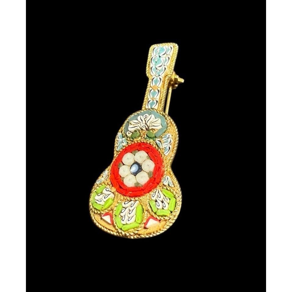 Vintage Italian Micro Mosaic Floral Guitar Brooch Pin Gold Tone Miniature - image 3