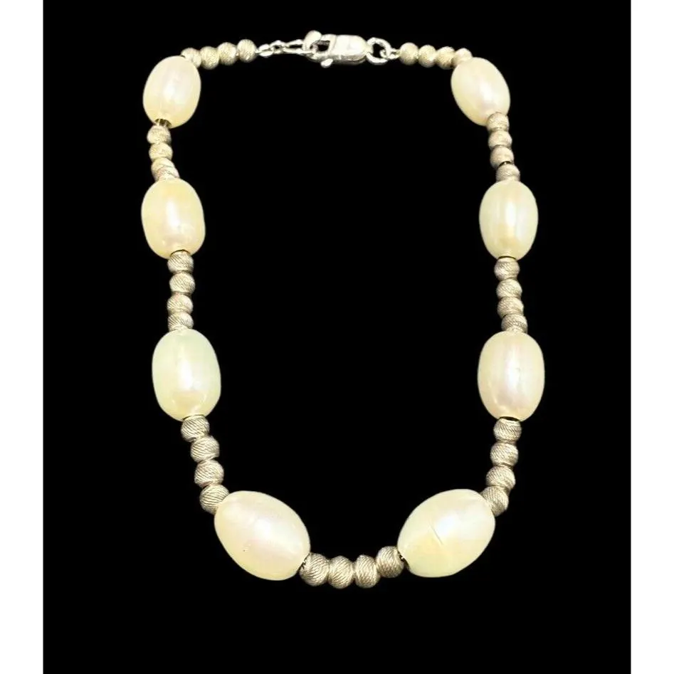 Vintage 925 Silver Textured Round Beads Oval Cultured Pearl Bracelet 7.25” - image 3