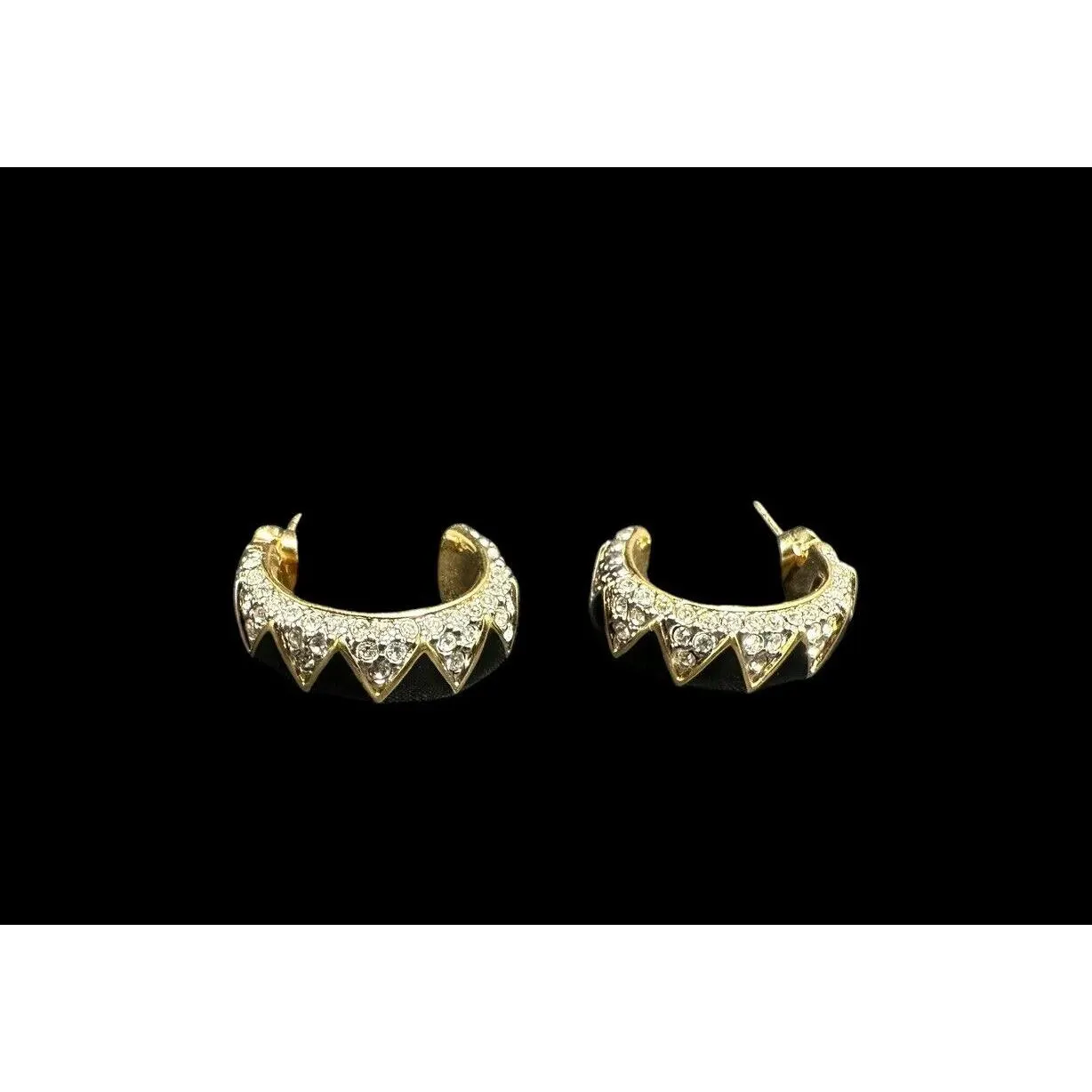 Vintage Signed Daniel Swarovski Hoop Earrings Clear Crystal Black Enamel - image 4