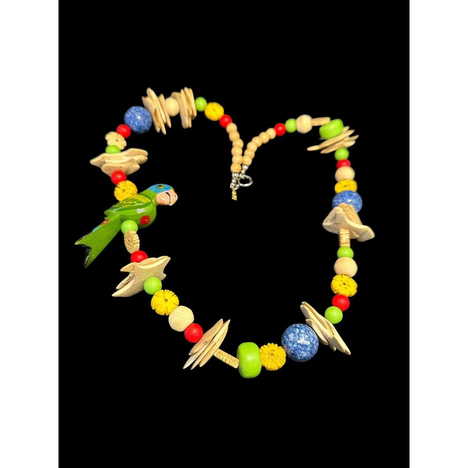 Signed PN Tropical Wood Beads Painted Parrot Necklace 27 inches Designer - image 5