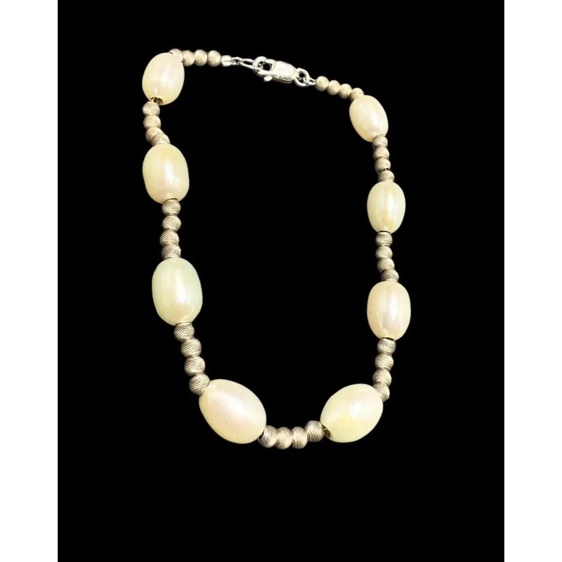 Vintage 925 Silver Textured Round Beads Oval Cultured Pearl Bracelet 7.25”