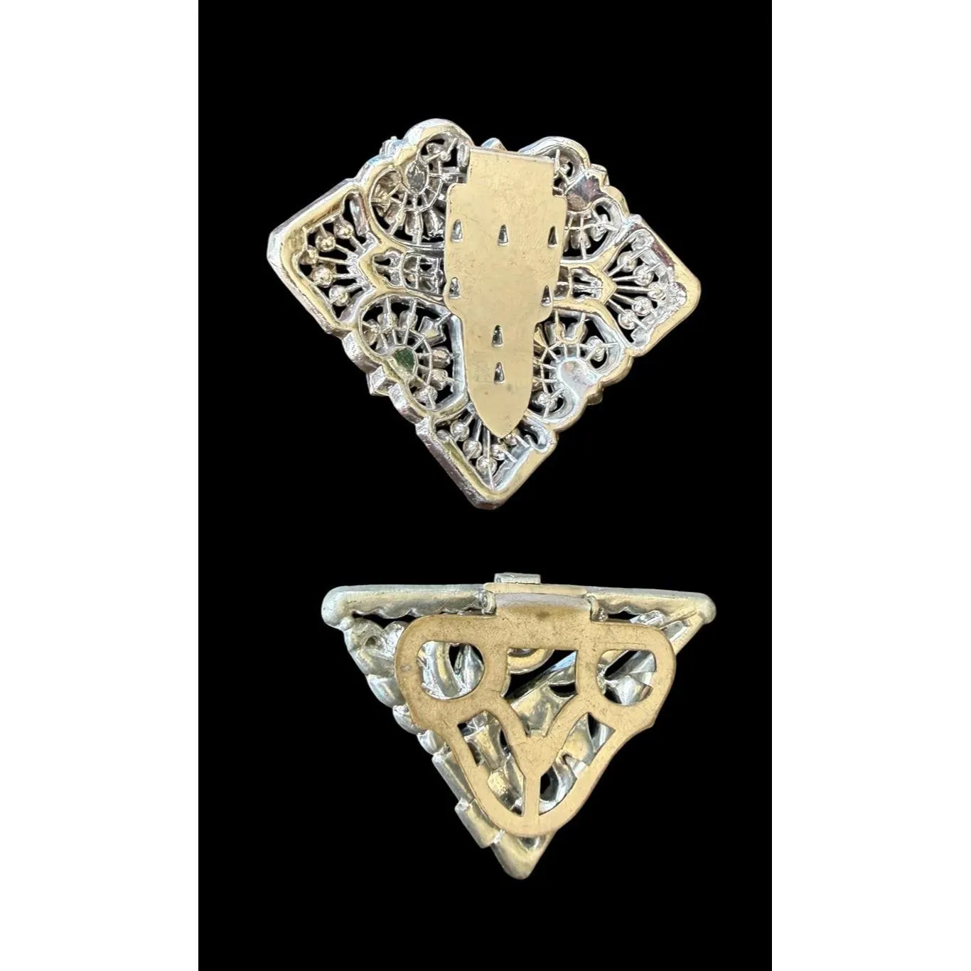 Two Antique Vintage ART DECO Dress Clips Silver Tone Clear Rhinestone PAIR - image 4