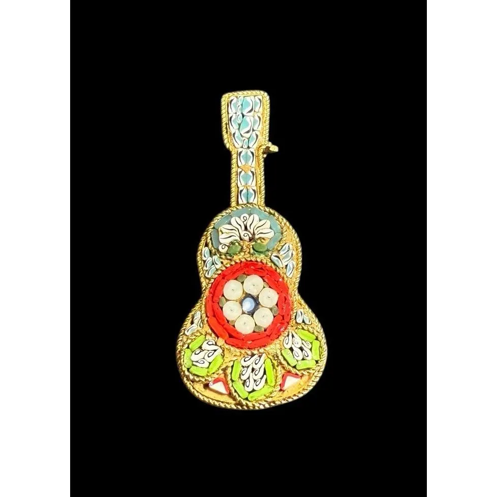 Vintage Italian Micro Mosaic Floral Guitar Brooch Pin Gold Tone Miniature
