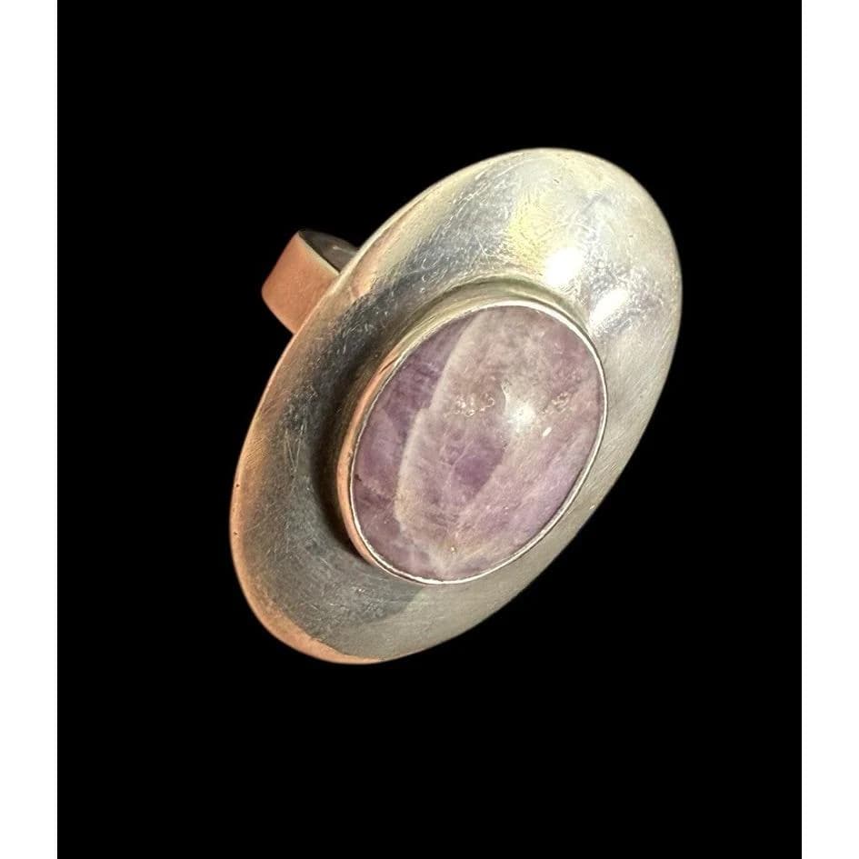 Israel Sterling Silver Modernist Ring Oval Amethyst Gemstone Size 6 Adjustable