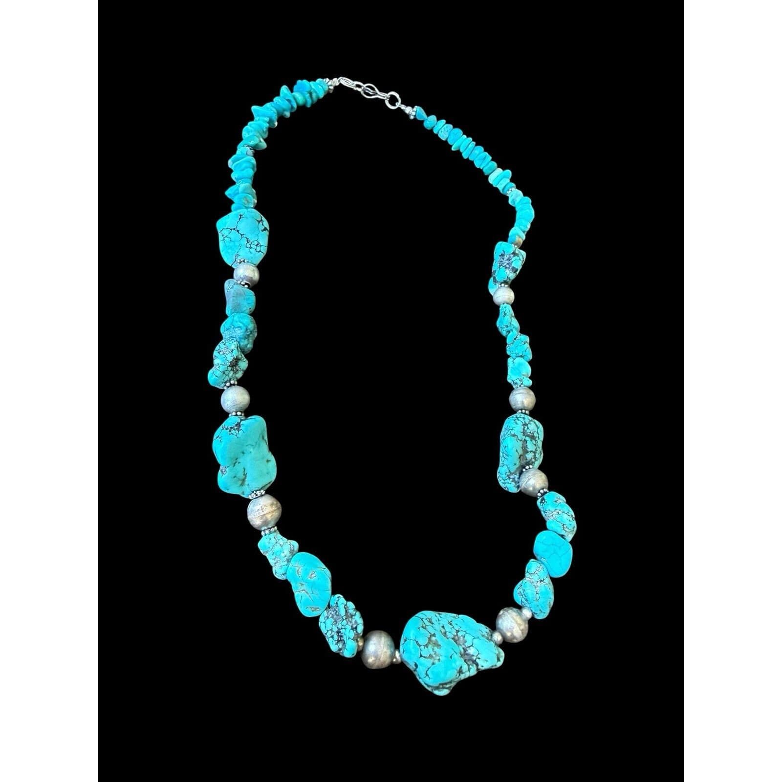 Vintage Navajo Pearl Turquoise Nugget Sterling Silver Necklace 20” - image 3