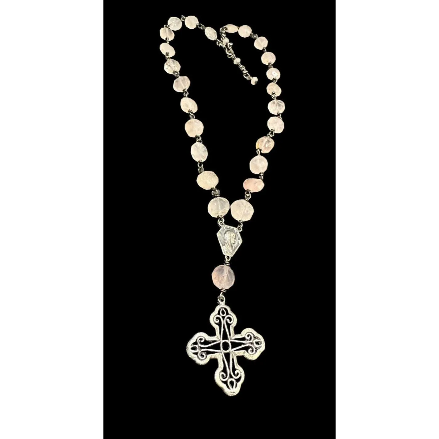 Vintage Sterling Silver Cross Necklace Rose Quartz Beads Mary Medal