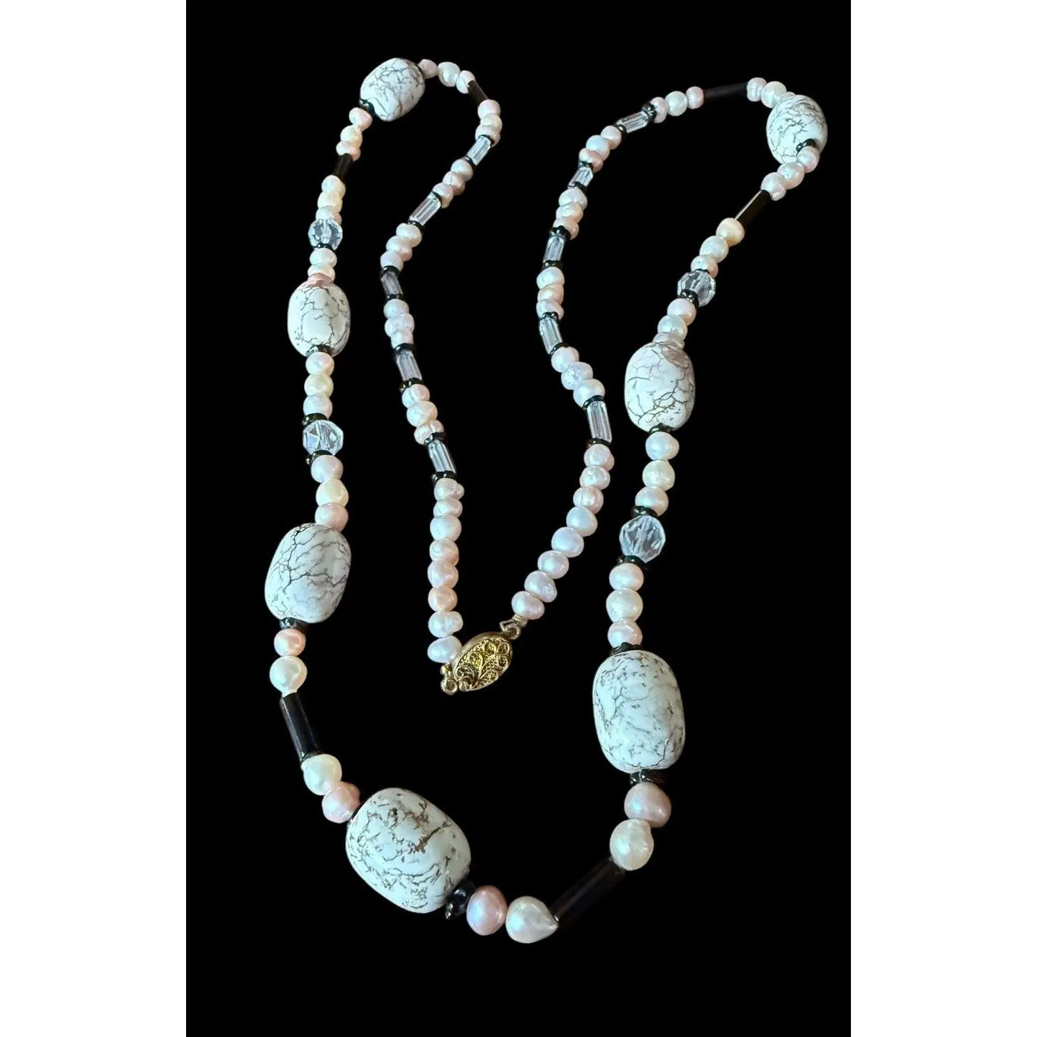 Vintage White Howlite Turquoise Cultured Pearl Crystal Onyx Beaded 925 Clasp - image 5
