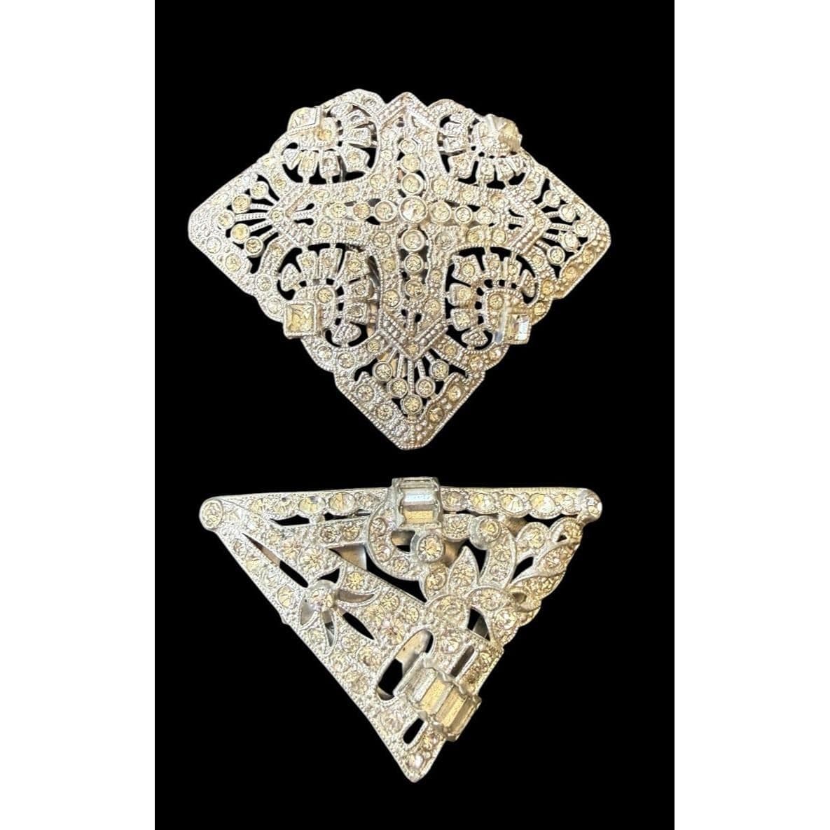 Two Antique Vintage ART DECO Dress Clips Silver Tone Clear Rhinestone PAIR