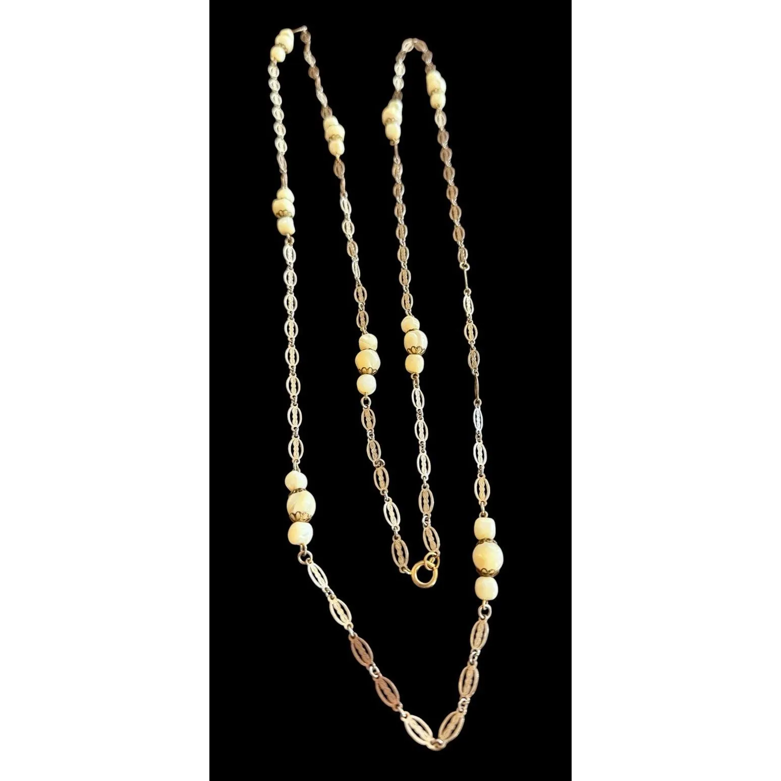 Art Deco Gold Tone Filigree Link Mother of Pearl Station Flapper Necklace Long - image 4