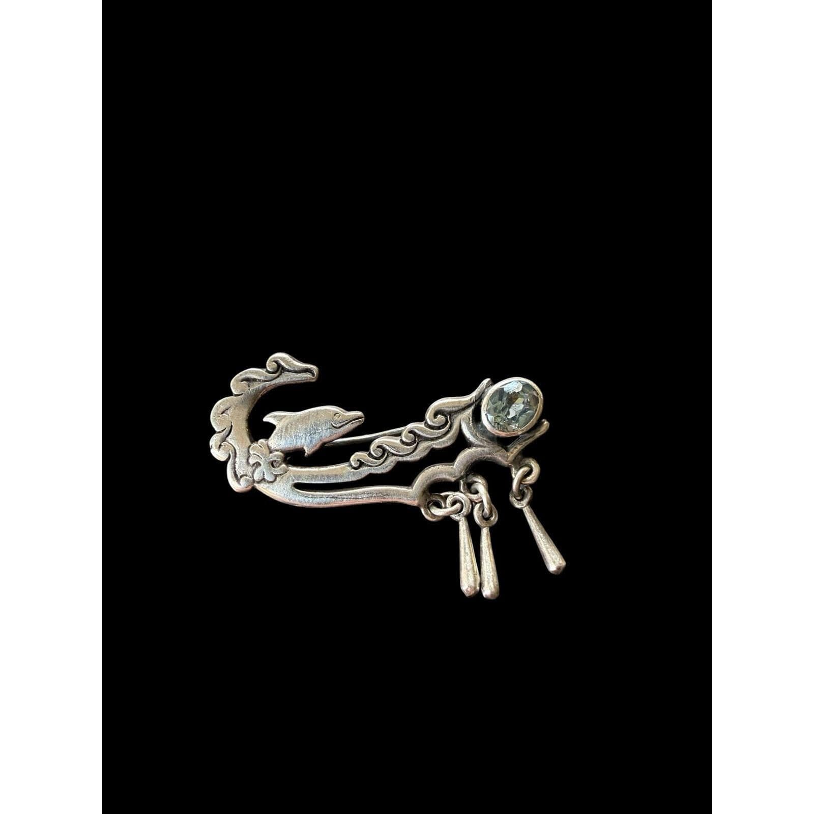 Vintage Sterling Silver Dolphin in Wave Swimming Brooch Pin Blue Topaz Accent - image 4
