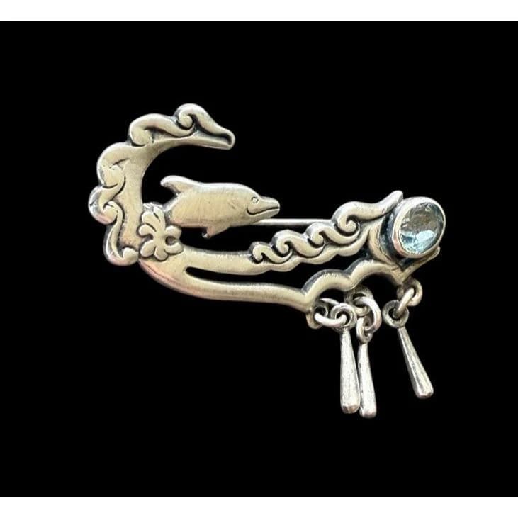 Vintage Sterling Silver Dolphin in Wave Swimming Brooch Pin Blue Topaz Accent