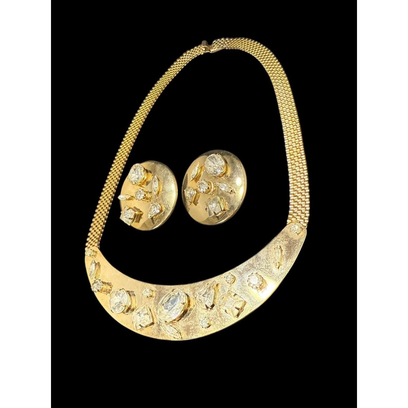 Vintage Jewelry Set Yellow Gold Plated Clip On Earrings Necklace Rhinestones - image 5