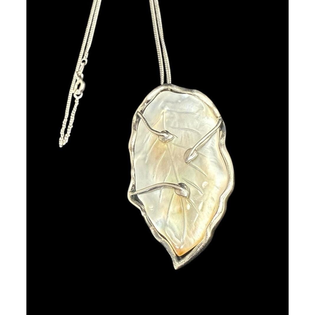 Signed 925 SLC Mother Of Pearl Carved Mother Of Pearl Leaf Pendant 16” Chain - image 4