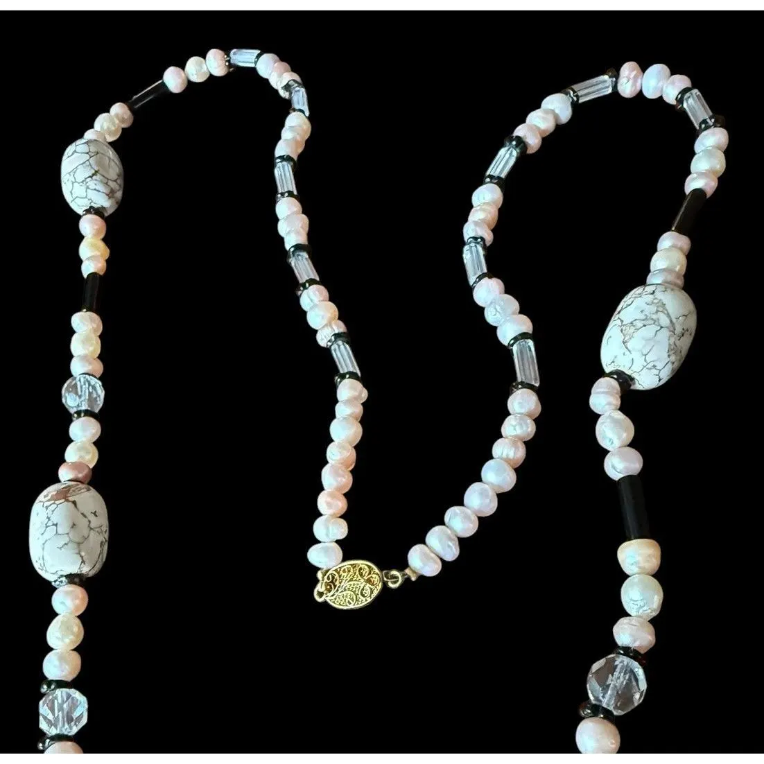 Vintage White Howlite Turquoise Cultured Pearl Crystal Onyx Beaded 925 Clasp - image 3