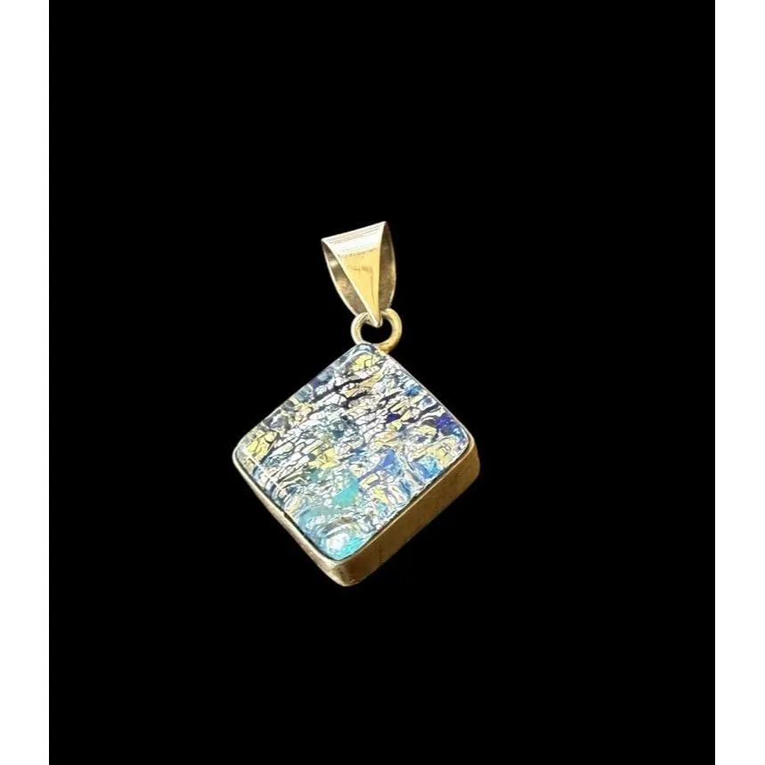 925 Sterling Silver Vintage Dichroic Glass Multicolor Pendant Dangle Geometric